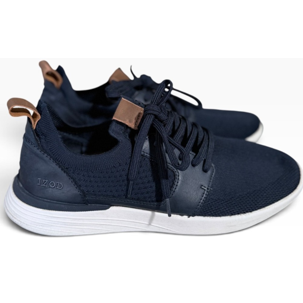 IZOD Men's Size 9.5 Bannister Knit Memory Foam Sneakers Navy Blue/Tan Low Top